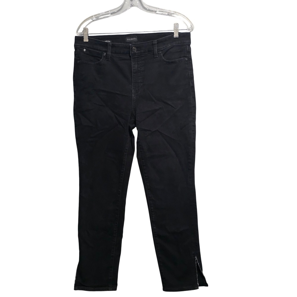 Talbots Womens Black Slim Ankle Jeans Rhinestone Side Slit Hem Size 10 High Rise